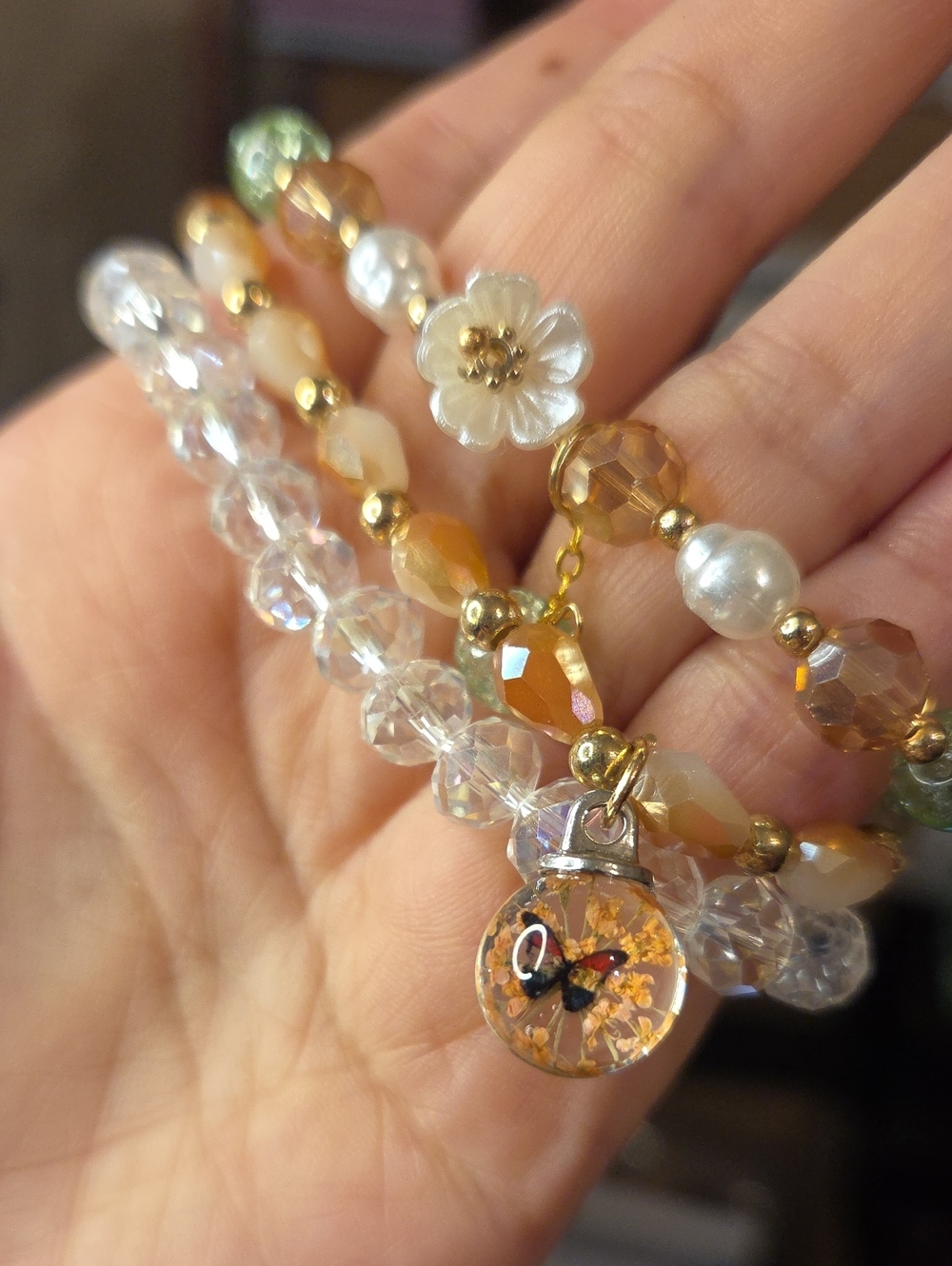 3 Floral & Butterfly Beaded Bracelet Set in Gold and Clear
